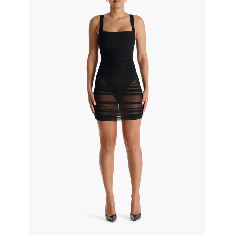 Naked Wardrobe New Women Small Black The Meshed Up Bodysuit Mini Dress Baddie